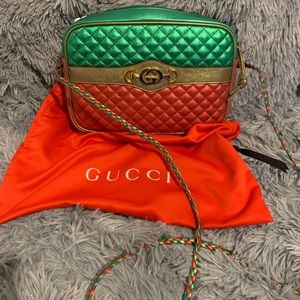 Gucci red and green metallic trapuntata camera bag